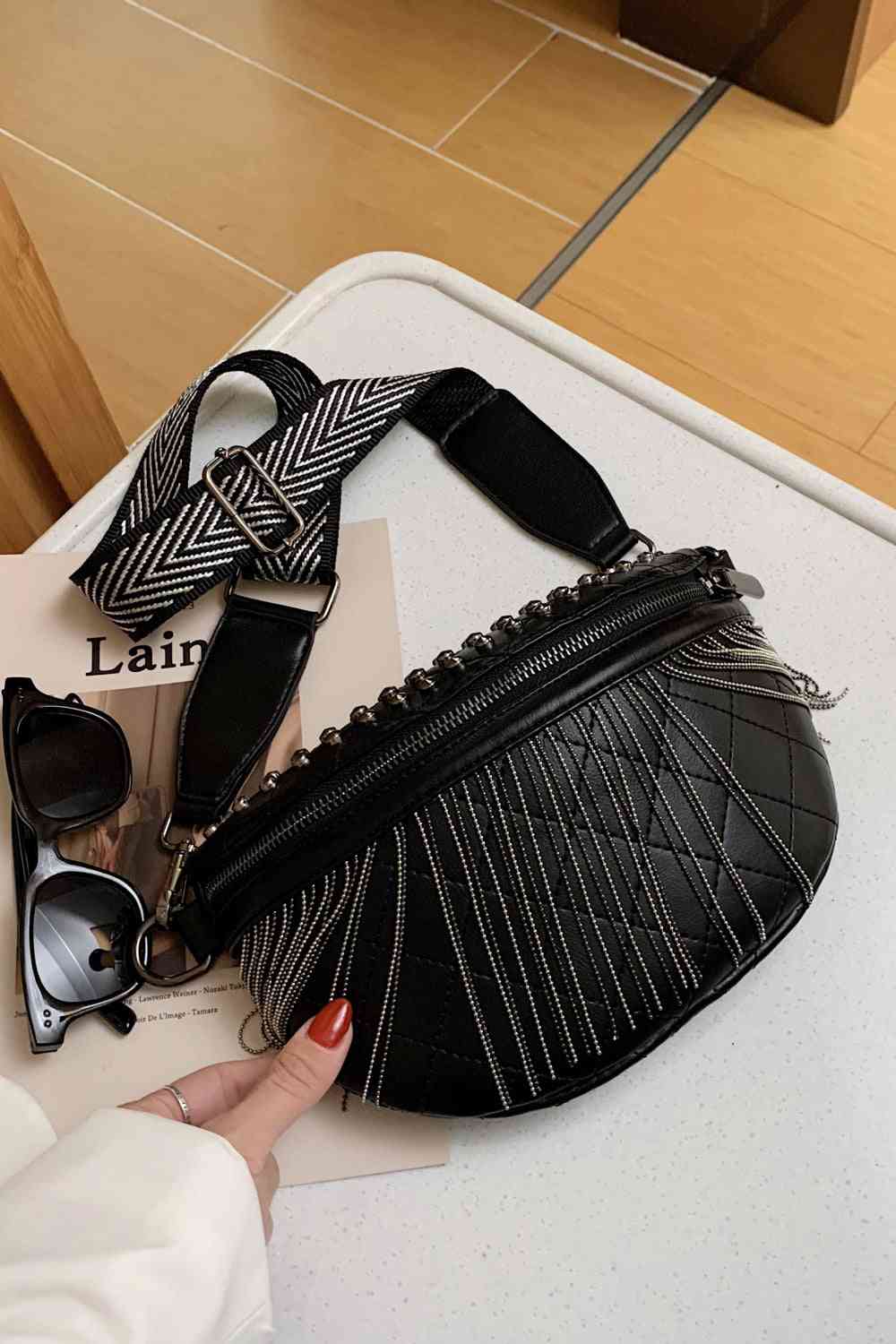 PU Leather Studded Sling Bag with Fringes