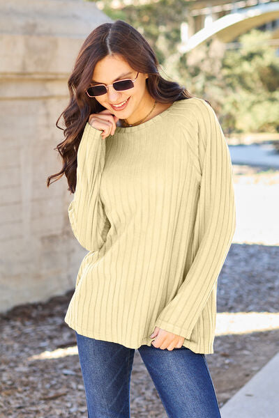 Basic Bae Full Size Ribbed Round Neck Long Sleeve Knit Top