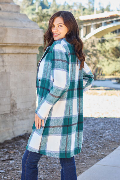 Double Take Full Size Plaid Button Up Lapel Collar Coat