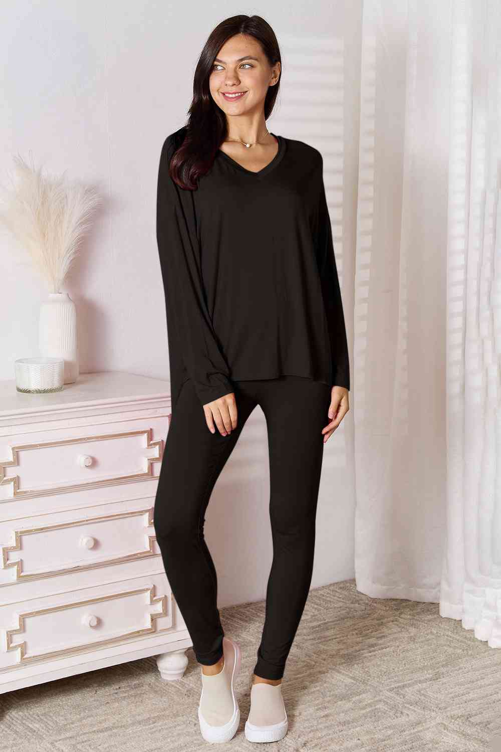 Basic Bae Full Size V-Neck Soft Rayon Long Sleeve Top and Pants Lounge Set