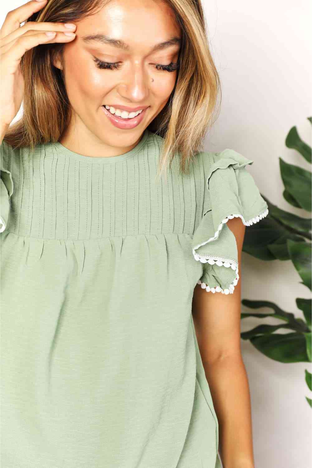 Double Take Pleated Detail Flutter Sleeve Blouse