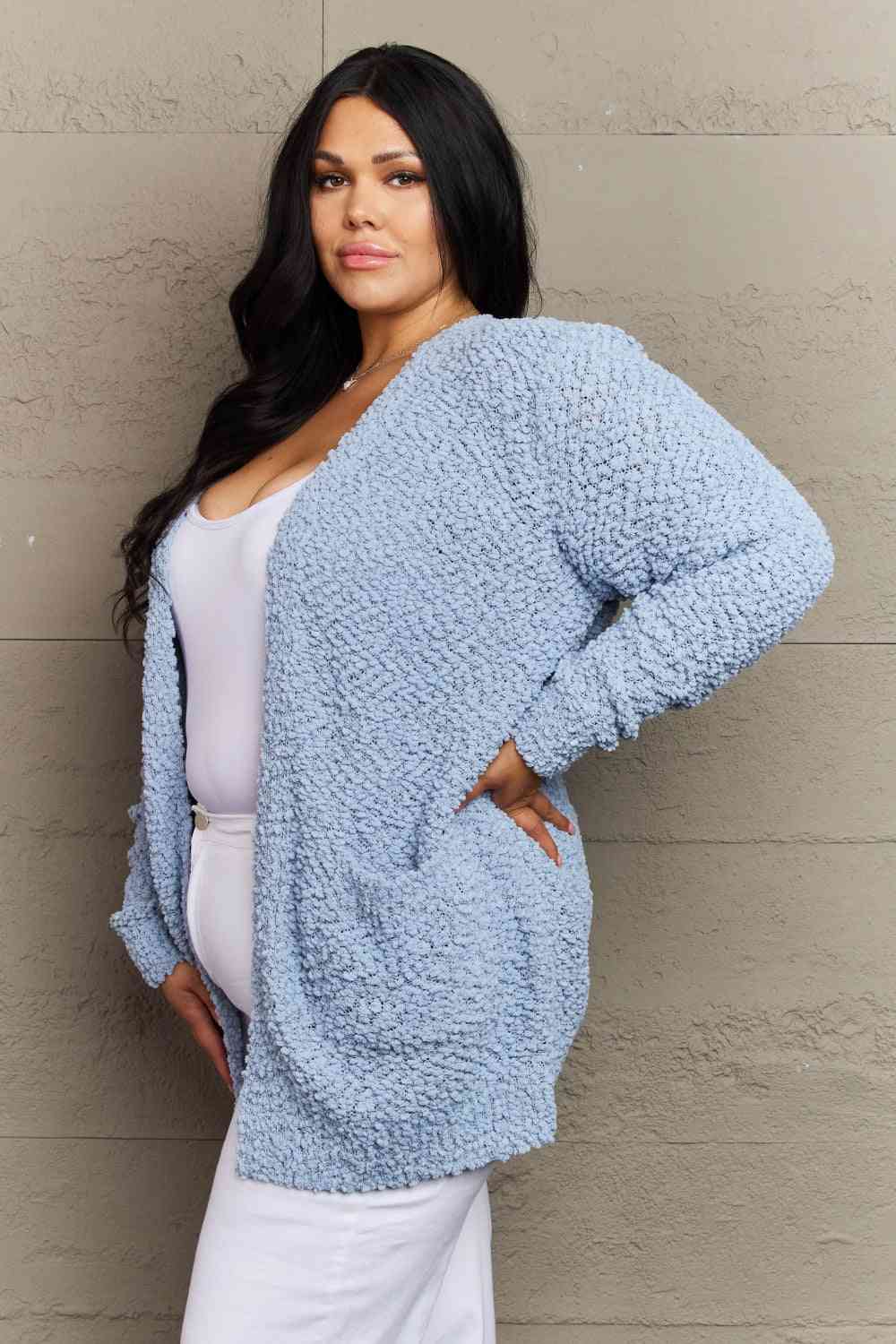 Zenana Falling For You Full Size Open Front Popcorn Cardigan