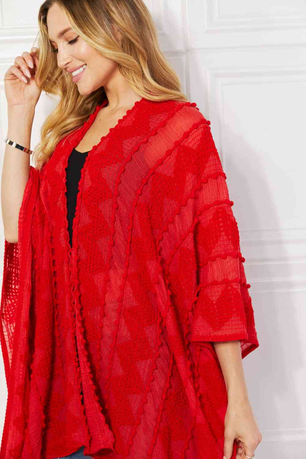 Justin Taylor Pom-Pom Asymmetrical Poncho Cardigan in Red