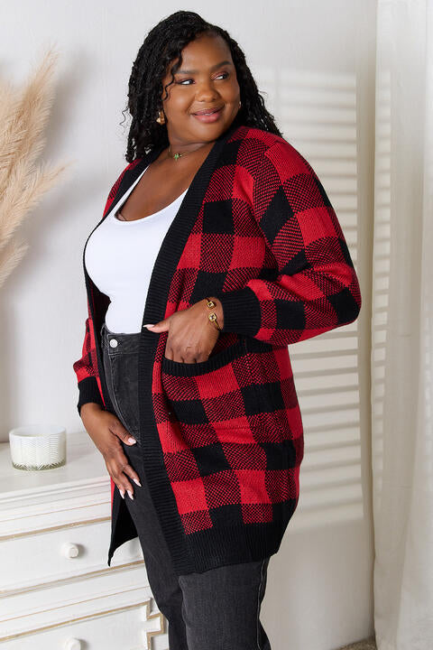 Heimish Full Size Plaid Open Front Cardigan with Pockets