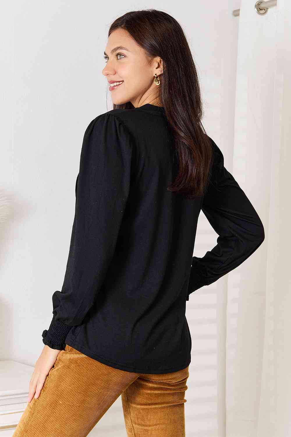 Double Take Ruched Notched Neck Puff Sleeve Blouse