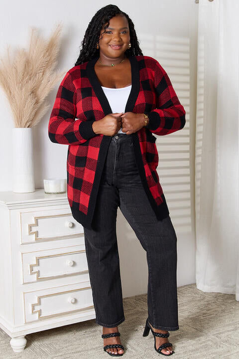 Heimish Full Size Plaid Open Front Cardigan with Pockets